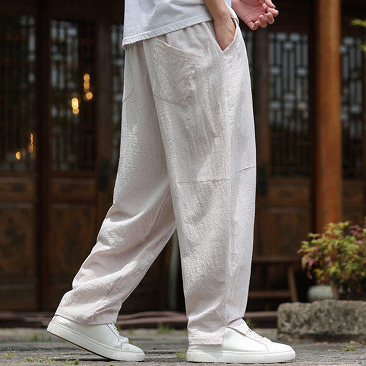 Pantalon en coton et lin avec cordon de serrage et poches pour homme, taille élastique, motif Buddha Stones - image 2
