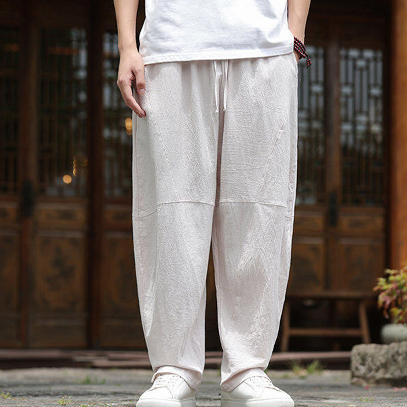 Pantalon en coton et lin avec cordon de serrage et poches pour homme, taille élastique, motif Buddha Stones - image 1