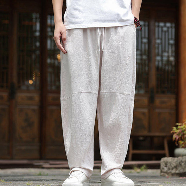 Pantalon en coton et lin avec cordon de serrage et poches pour homme, taille élastique, motif Buddha Stones - image 1