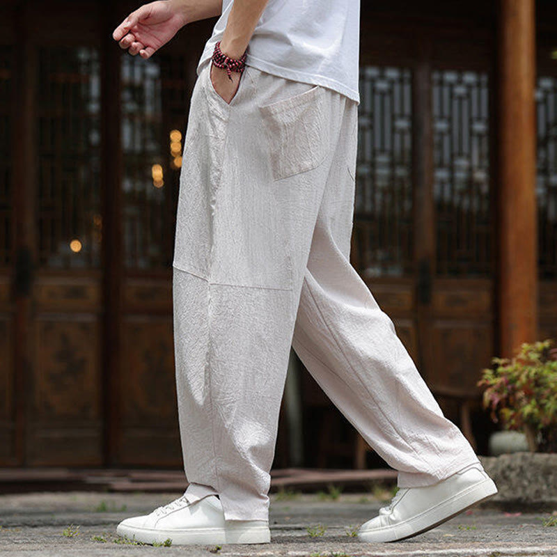 Pantalon en coton et lin avec cordon de serrage et poches pour homme, taille élastique, motif Buddha Stones - image 5