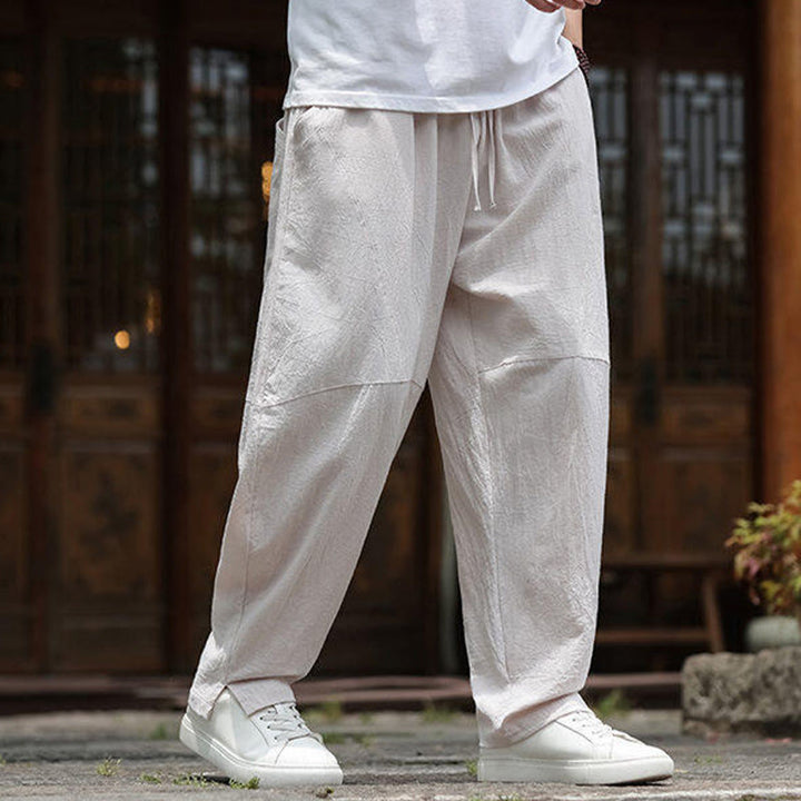 Pantalon en coton et lin avec cordon de serrage et poches pour homme, taille élastique, motif Buddha Stones - image 3