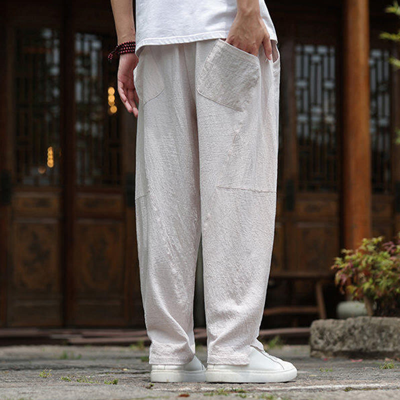 Pantalon en coton et lin avec cordon de serrage et poches pour homme, taille élastique, motif Buddha Stones - image 4