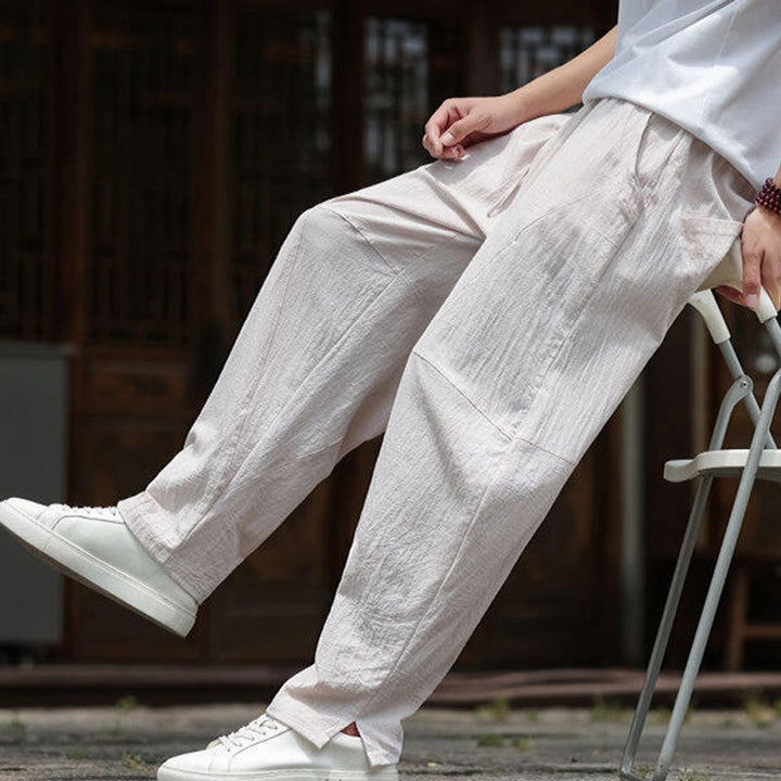 Pantalon en coton et lin avec cordon de serrage et poches pour homme, taille élastique, motif Buddha Stones - image 7