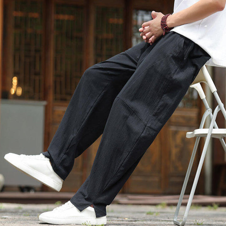 Pantalon en coton et lin avec cordon de serrage et poches pour homme, taille élastique, motif Buddha Stones - image 19