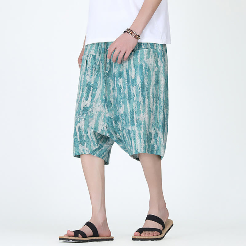 Pantalon capri homme en coton et lin à rayures d'été Buddha Stones avec poches - image 1
