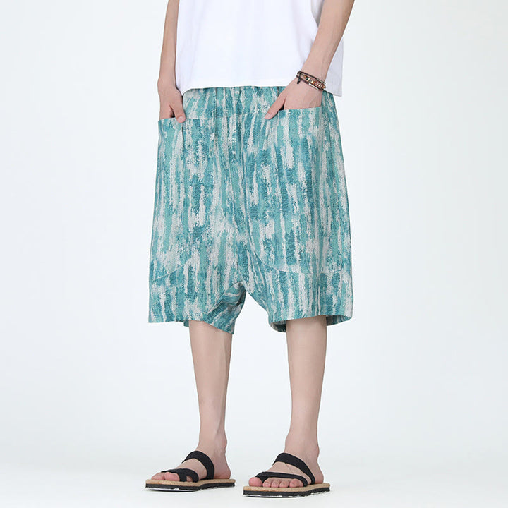 Pantalon capri homme en coton et lin à rayures d'été Buddha Stones avec poches - image 3
