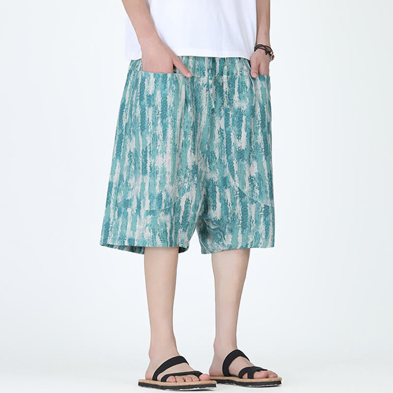 Pantalon capri homme en coton et lin à rayures d'été Buddha Stones avec poches - image 2