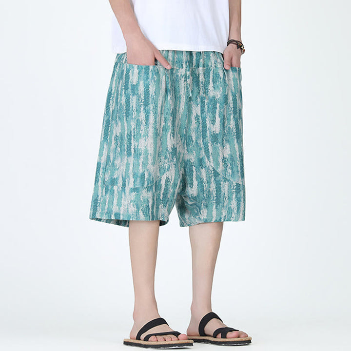 Pantalon capri homme en coton et lin à rayures d'été Buddha Stones avec poches - image 2