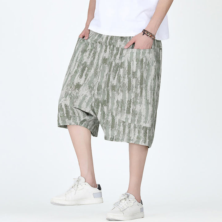 Pantalon capri homme en coton et lin à rayures d'été Buddha Stones avec poches - Vert foncé - US/UK/AU46，EU56 (5XL) - image 6