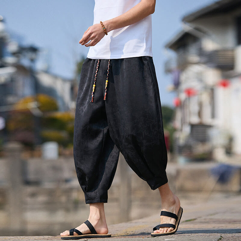 Pantalon homme avec cordon de serrage et poches, motif broderie Buddha Stones , longueur 7-8 - Noir - US/UK/AU46，EU56 (5XL) - image 0