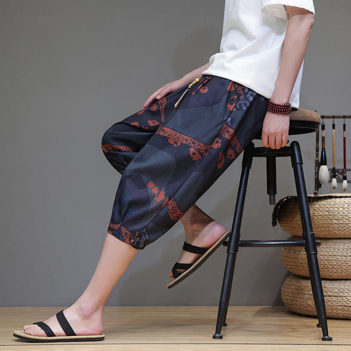Pantalon capri homme en coton et lin avec poches, motif Buddha Stones, feuilles de bambou, fleurs - image 20