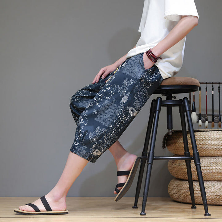 Pantalon capri homme en coton et lin avec poches, motif Buddha Stones, feuilles de bambou, fleurs - image 8