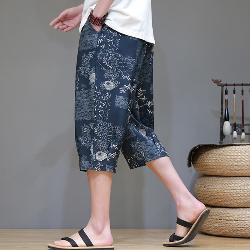 Pantalon capri homme en coton et lin avec poches, motif Buddha Stones, feuilles de bambou, fleurs - image 1