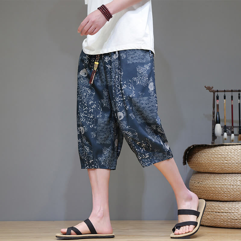 Pantalon capri homme en coton et lin avec poches, motif Buddha Stones, feuilles de bambou, fleurs - Bleu acier - US/UK/AU46，EU56 (5XL) - image 0