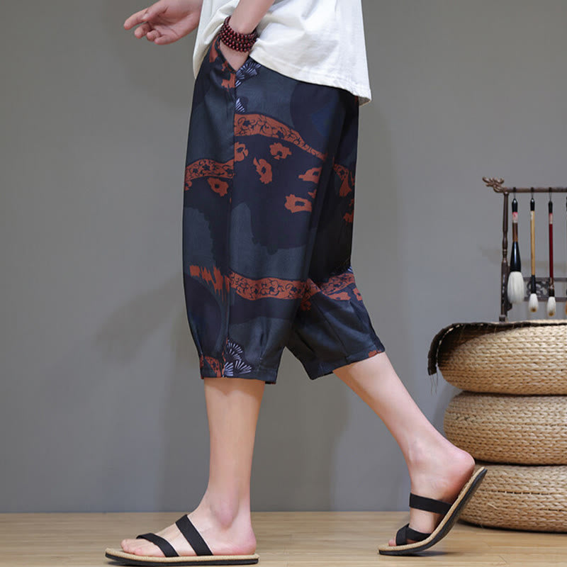 Pantalon capri homme en coton et lin avec poches, motif Buddha Stones, feuilles de bambou, fleurs - image 14