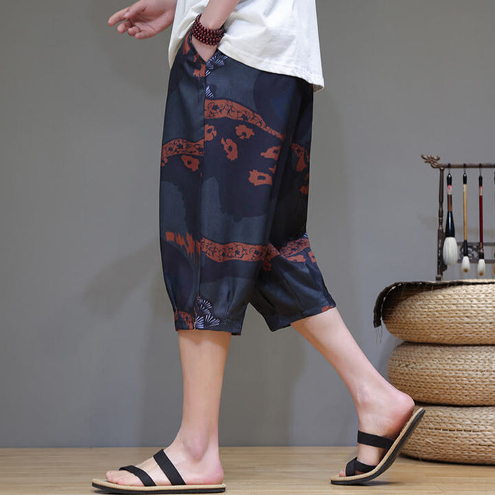 Pantalon capri homme en coton et lin avec poches, motif Buddha Stones, feuilles de bambou, fleurs - image 14