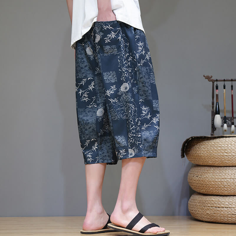 Pantalon capri homme en coton et lin avec poches, motif Buddha Stones, feuilles de bambou, fleurs - image 4