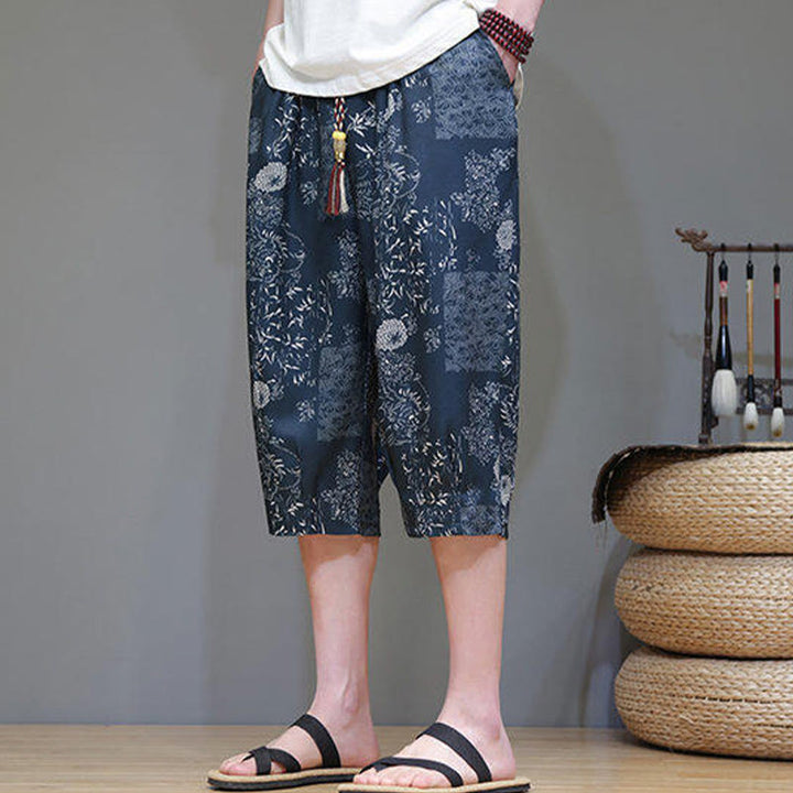Pantalon capri homme en coton et lin avec poches, motif Buddha Stones, feuilles de bambou, fleurs - image 2