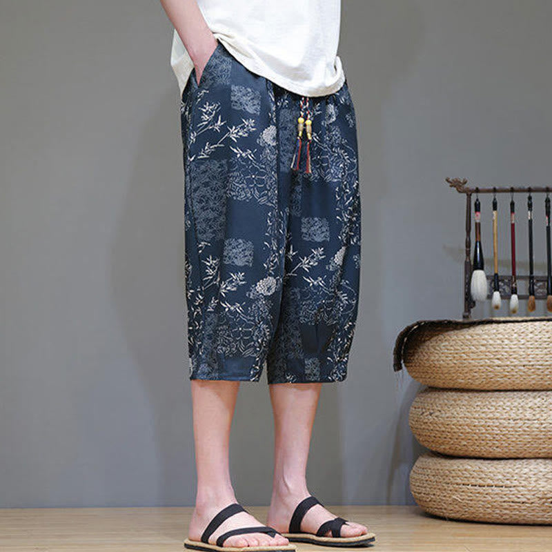 Pantalon capri homme en coton et lin avec poches, motif Buddha Stones, feuilles de bambou, fleurs - image 6