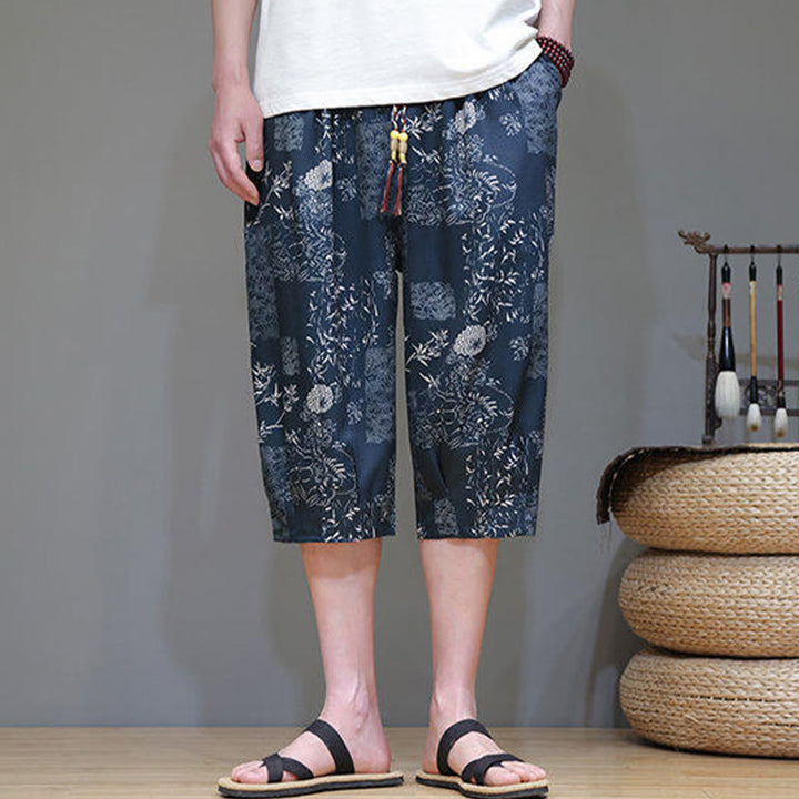 Pantalon capri homme en coton et lin avec poches, motif Buddha Stones, feuilles de bambou, fleurs - image 5