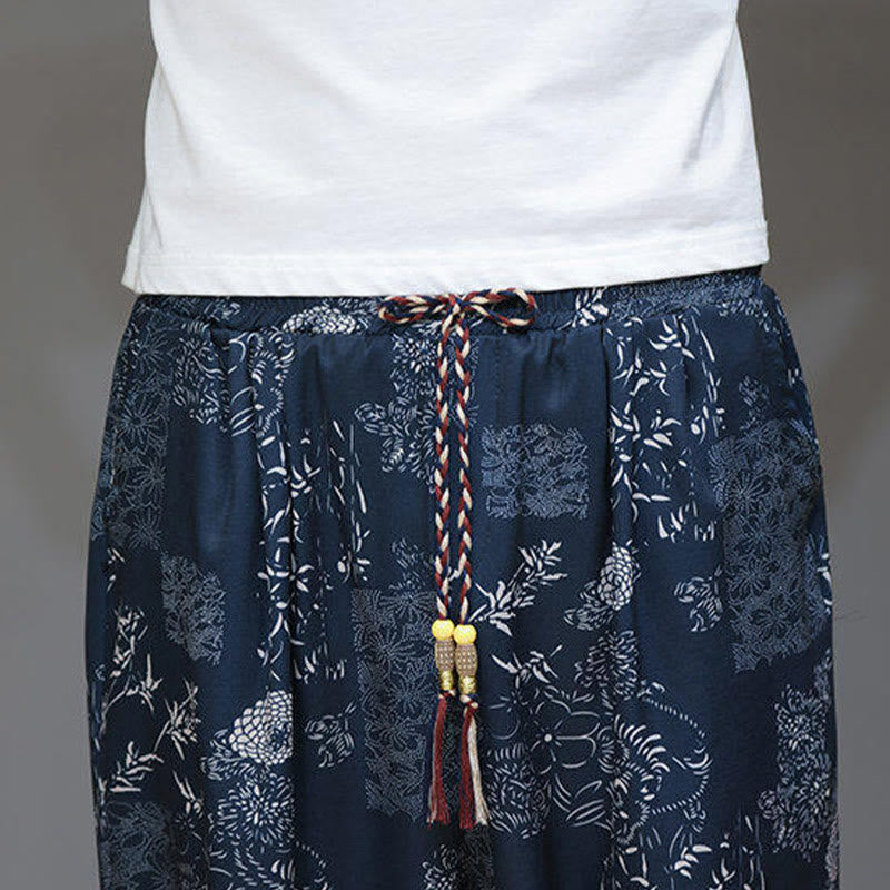Pantalon capri homme en coton et lin avec poches, motif Buddha Stones, feuilles de bambou, fleurs - image 9