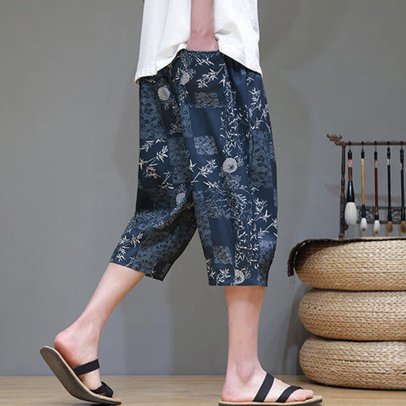 Pantalon capri homme en coton et lin avec poches, motif Buddha Stones, feuilles de bambou, fleurs - image 3