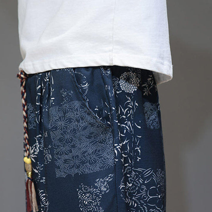 Pantalon capri homme en coton et lin avec poches, motif Buddha Stones, feuilles de bambou, fleurs - image 10