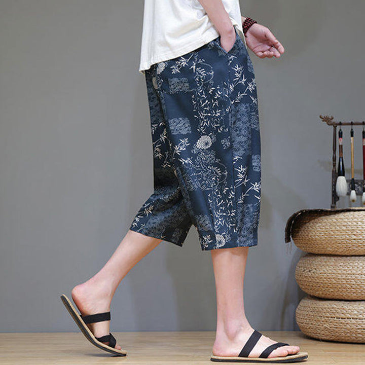Pantalon capri homme en coton et lin avec poches, motif Buddha Stones, feuilles de bambou, fleurs - image 7