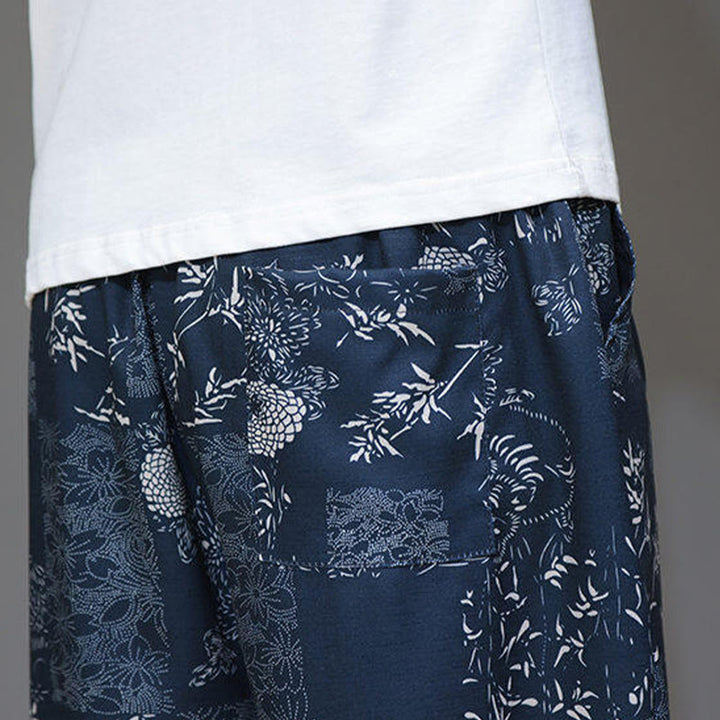 Pantalon capri homme en coton et lin avec poches, motif Buddha Stones, feuilles de bambou, fleurs - image 11