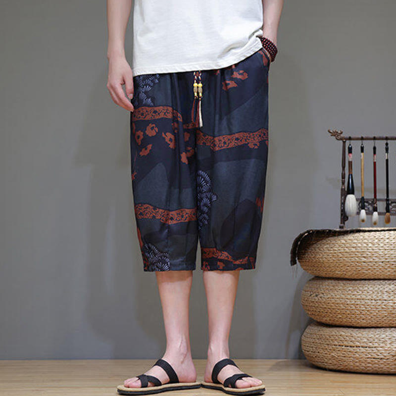 Pantalon capri homme en coton et lin avec poches, motif Buddha Stones, feuilles de bambou, fleurs - image 18