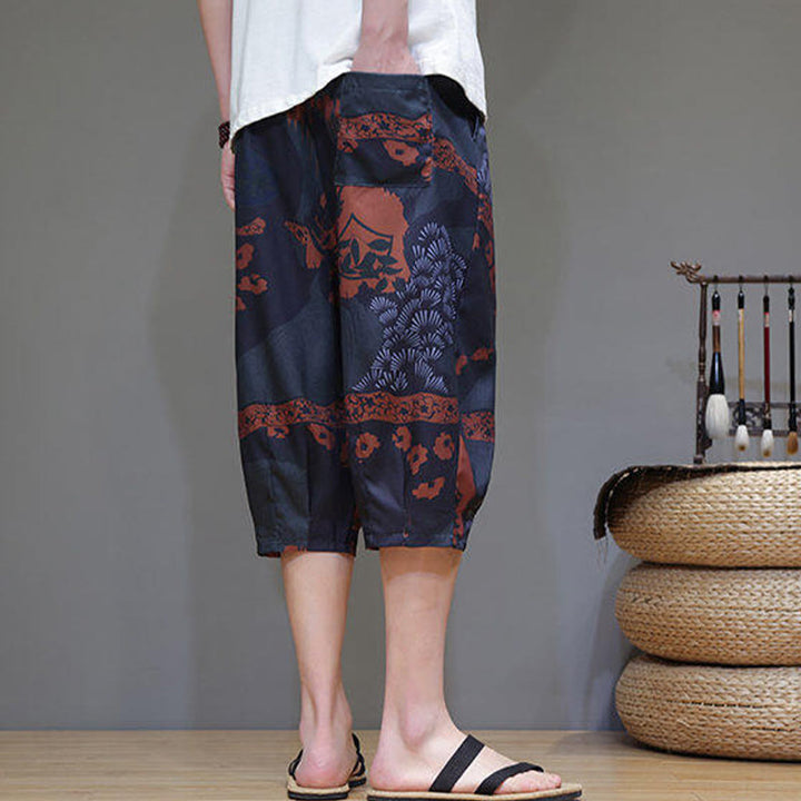 Pantalon capri homme en coton et lin avec poches, motif Buddha Stones, feuilles de bambou, fleurs - image 17