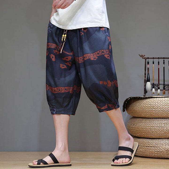 Pantalon capri homme en coton et lin avec poches, motif Buddha Stones, feuilles de bambou, fleurs - Gris terne - US/UK/AU46，EU56 (5XL) - image 13