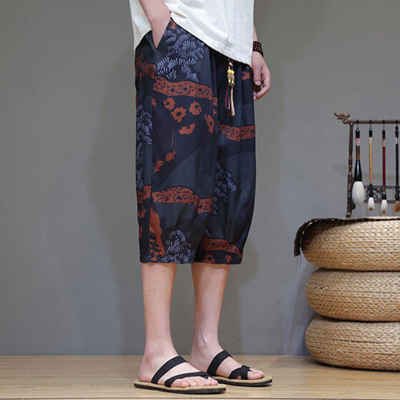 Pantalon capri homme en coton et lin avec poches, motif Buddha Stones, feuilles de bambou, fleurs - image 15