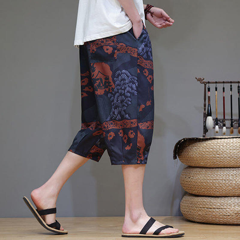 Pantalon capri homme en coton et lin avec poches, motif Buddha Stones, feuilles de bambou, fleurs - image 16