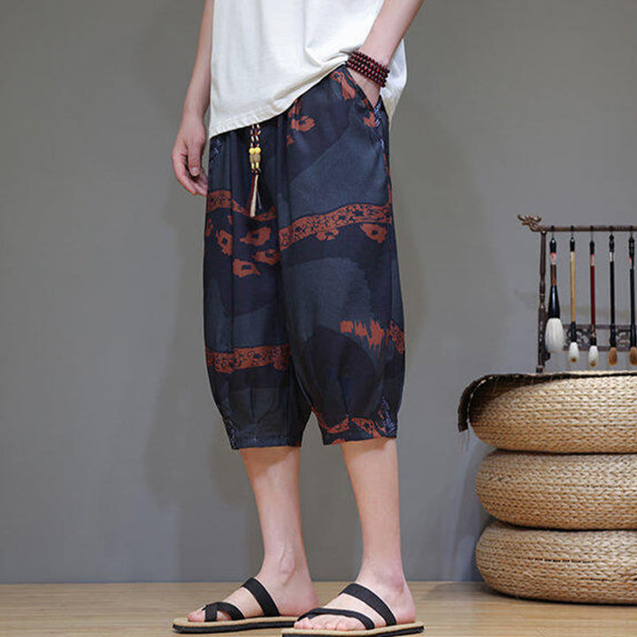 Pantalon capri homme en coton et lin avec poches, motif Buddha Stones, feuilles de bambou, fleurs - image 19