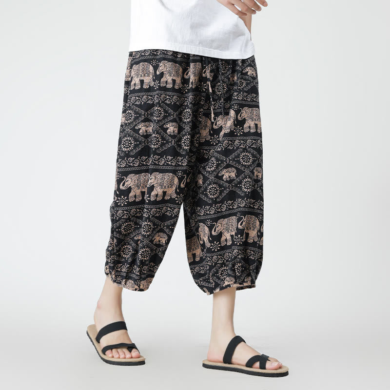 Pantalon d'été en coton et lin pour homme, Buddha Stones patchwork, éléphant, mandala, géométrie, longueur 7-8, avec poches