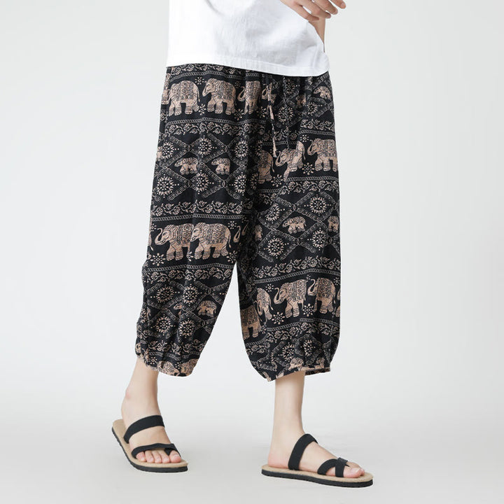 Pantalon d'été en coton et lin pour homme, Buddha Stones patchwork, éléphant, mandala, géométrie, longueur 7-8, avec poches