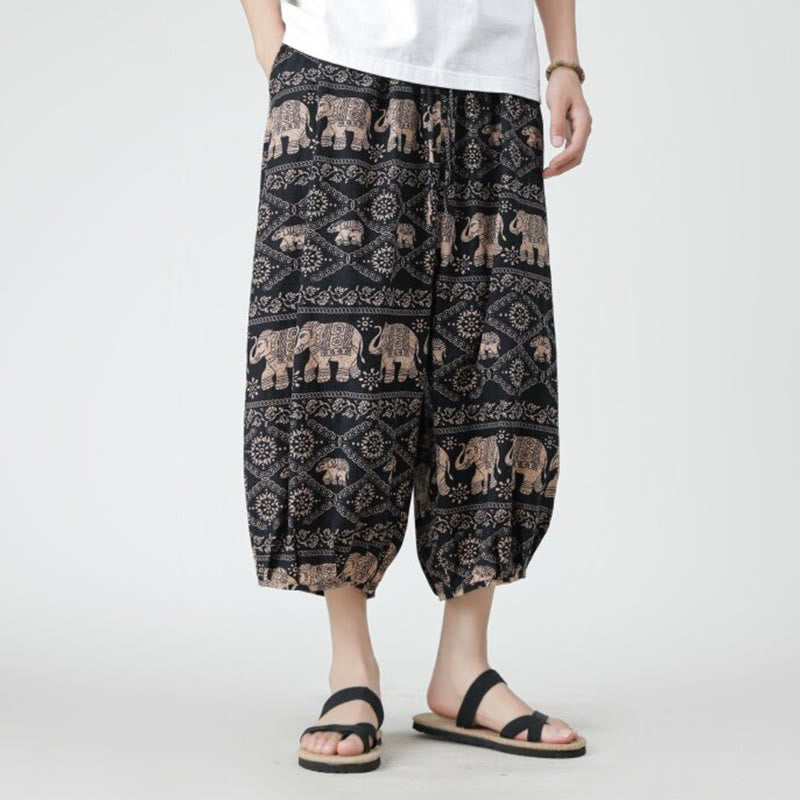 Pantalon d'été en coton et lin pour homme, Buddha Stones patchwork, éléphant, mandala, géométrie, longueur 7-8, avec poches