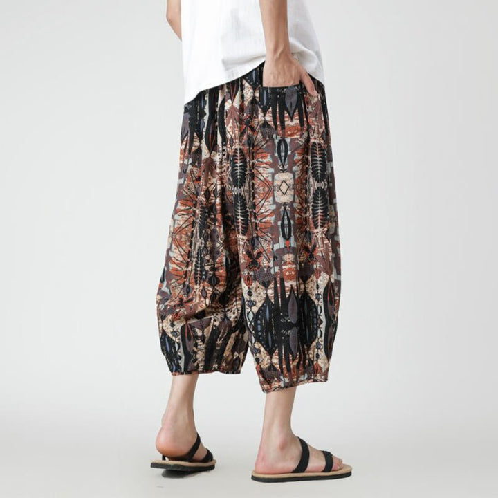 Pantalon d'été en coton et lin pour homme, Buddha Stones patchwork, éléphant, mandala, géométrie, longueur 7-8, avec poches