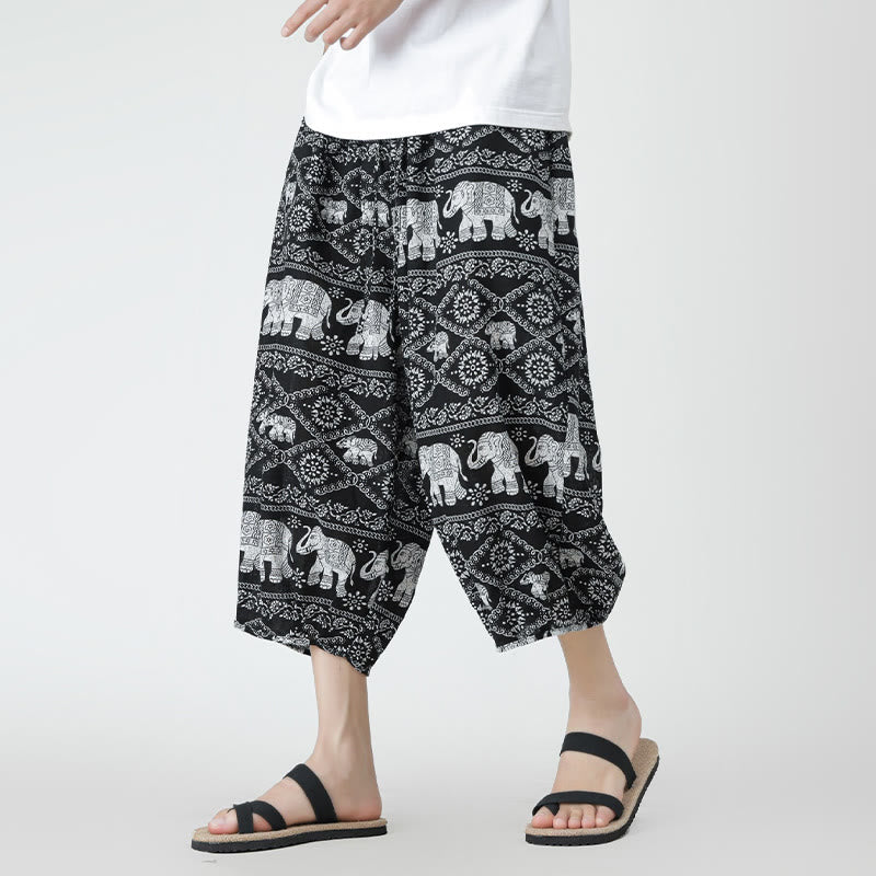 Pantalon d'été en coton et lin pour homme, Buddha Stones patchwork, éléphant, mandala, géométrie, longueur 7-8, avec poches - Noir - US/UK/AU46，EU56 (5XL) - image 41
