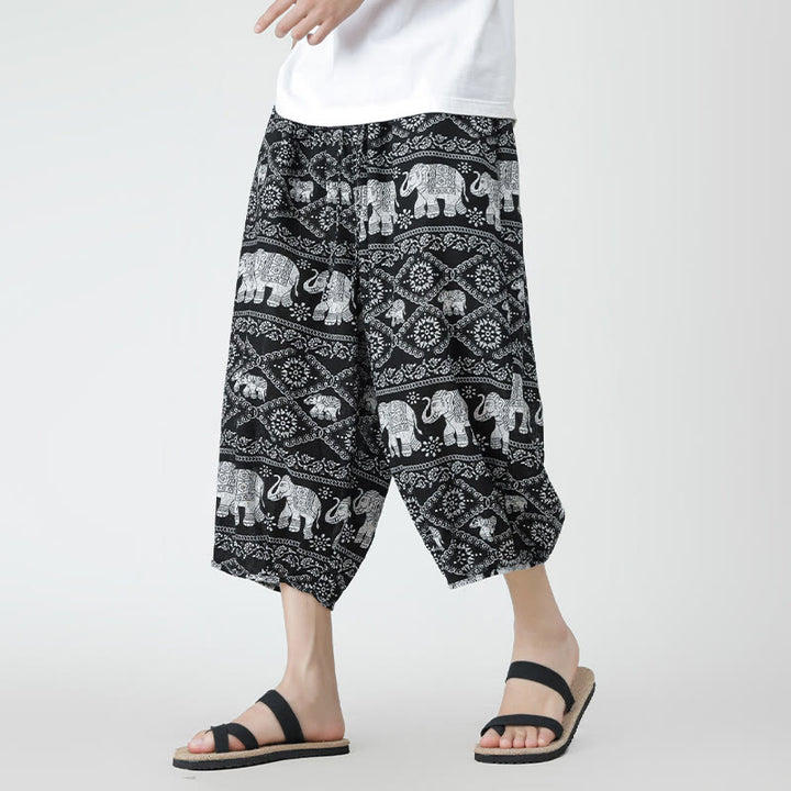 Pantalon d'été en coton et lin pour homme, Buddha Stones patchwork, éléphant, mandala, géométrie, longueur 7-8, avec poches - Noir - US/UK/AU46，EU56 (5XL) - image 41