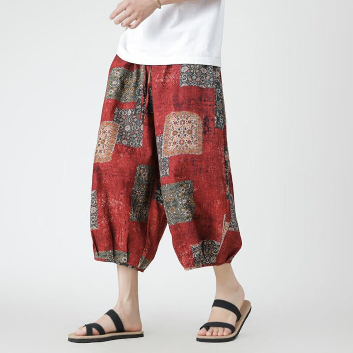 Pantalon d'été en coton et lin pour homme, Buddha Stones patchwork, éléphant, mandala, géométrie, longueur 7-8, avec poches - Rouge - US/UK/AU46，EU56 (5XL) - image 0