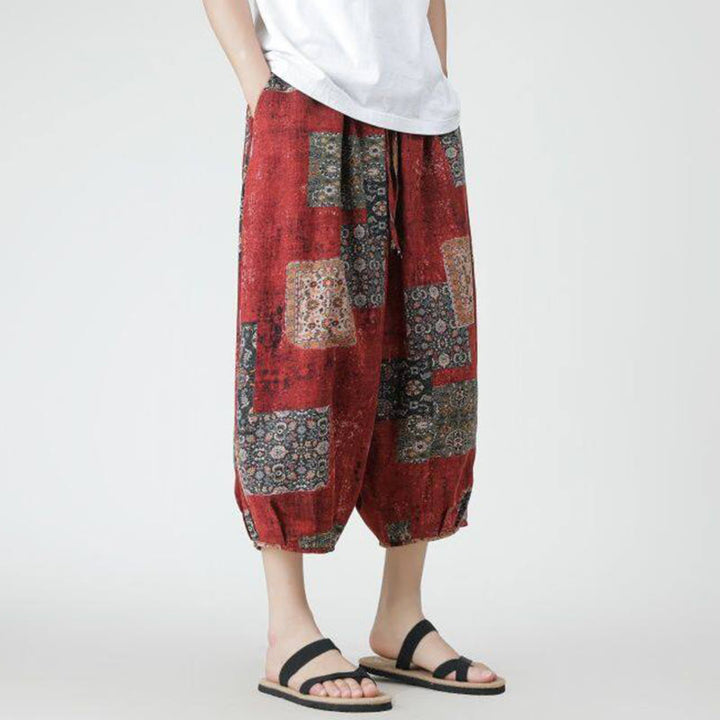 Pantalon d'été en coton et lin pour homme, Buddha Stones patchwork, éléphant, mandala, géométrie, longueur 7-8, avec poches - image 2