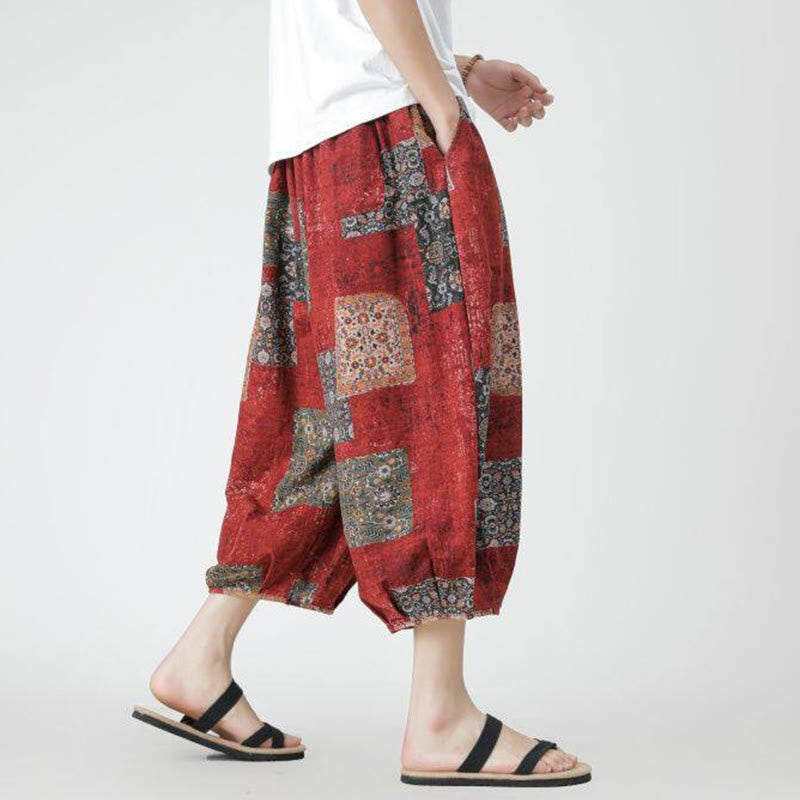 Pantalon d'été en coton et lin pour homme, Buddha Stones patchwork, éléphant, mandala, géométrie, longueur 7-8, avec poches