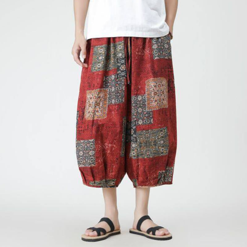 Pantalon d'été en coton et lin pour homme, Buddha Stones patchwork, éléphant, mandala, géométrie, longueur 7-8, avec poches