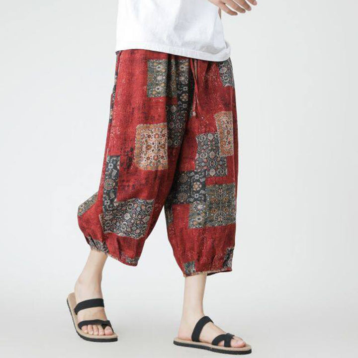 Pantalon d'été en coton et lin pour homme, Buddha Stones patchwork, éléphant, mandala, géométrie, longueur 7-8, avec poches - image 6