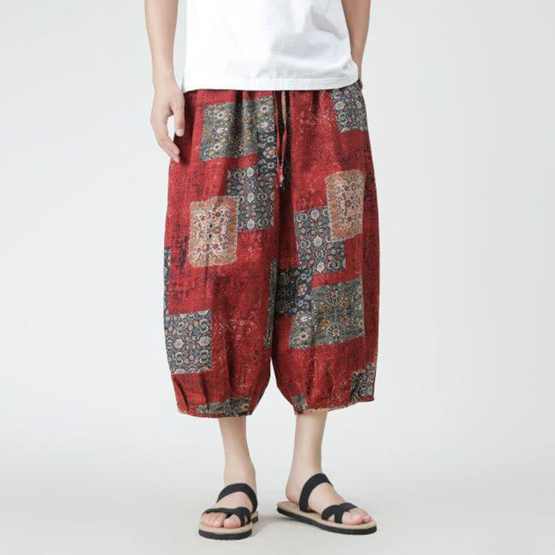 Pantalon d'été en coton et lin pour homme, Buddha Stones patchwork, éléphant, mandala, géométrie, longueur 7-8, avec poches
