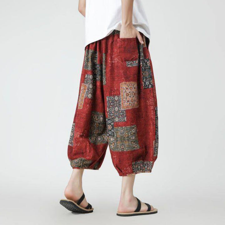 Pantalon d'été en coton et lin pour homme, Buddha Stones patchwork, éléphant, mandala, géométrie, longueur 7-8, avec poches - image 4