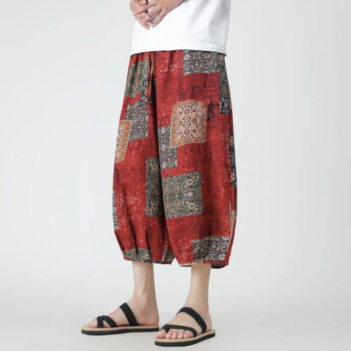 Pantalon d'été en coton et lin pour homme, Buddha Stones patchwork, éléphant, mandala, géométrie, longueur 7-8, avec poches