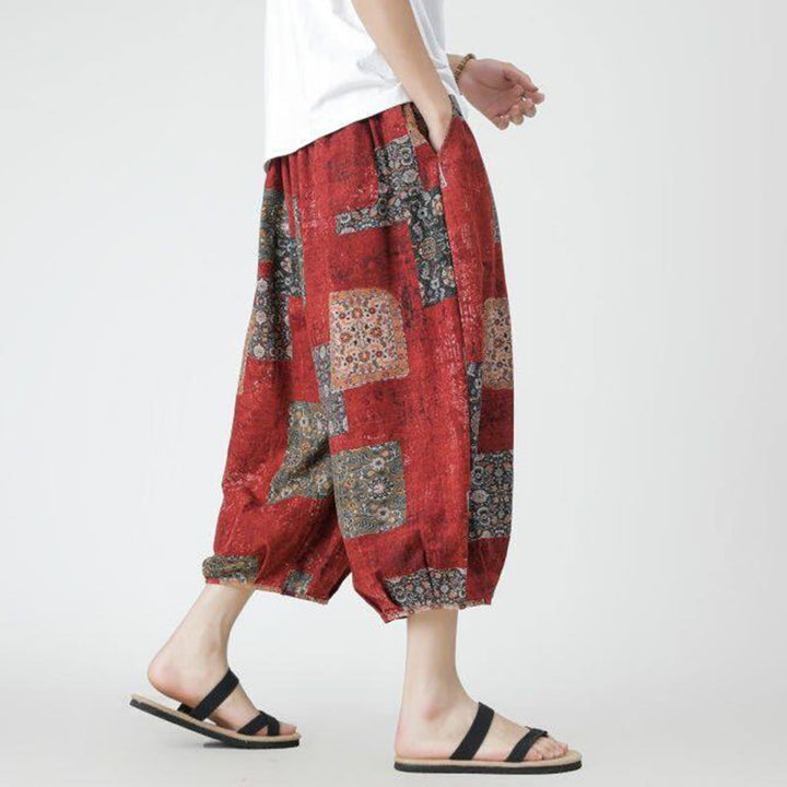 Pantalon d'été en coton et lin pour homme, Buddha Stones patchwork, éléphant, mandala, géométrie, longueur 7-8, avec poches - image 3